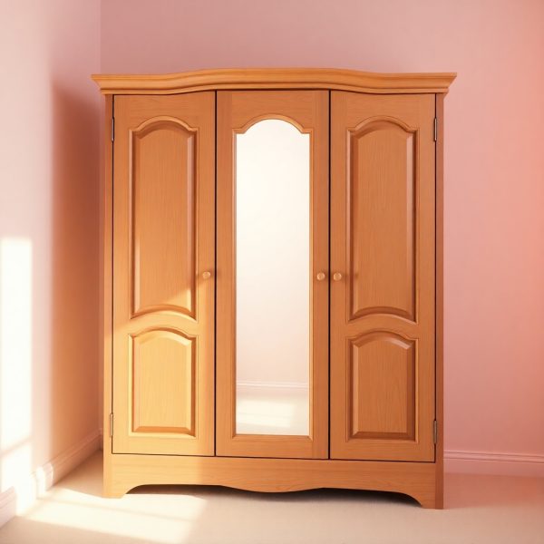 3-Door Wooden Wardrobe with Mirror Panel - Image 2