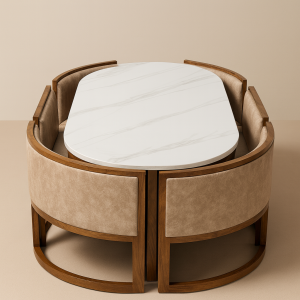 6-Seater Oval Dining Table with Marble Finish Top & Curved Wooden Chairs