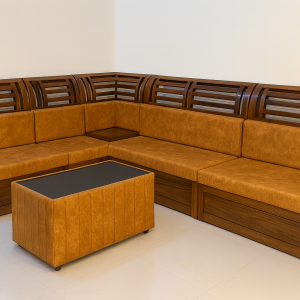 Elegant L-Shaped Wooden Sectional Sofa with Coffee Table