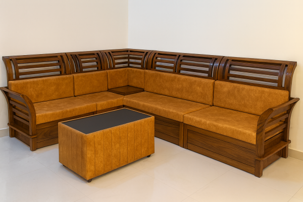 Elegant L-Shaped Wooden Sectional Sofa with Coffee Table